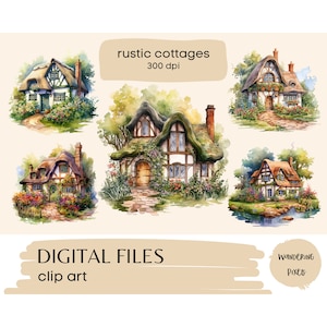 Rustic Cottages Clipart Set, Watercolor Houses Clipart, 10 PNG files, Instant Download Commercial Use