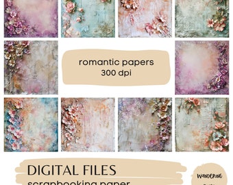 Romantic Papers, Digital paper, Floral Junk Journal Pages, Instant Download Commercial Use, 10 files