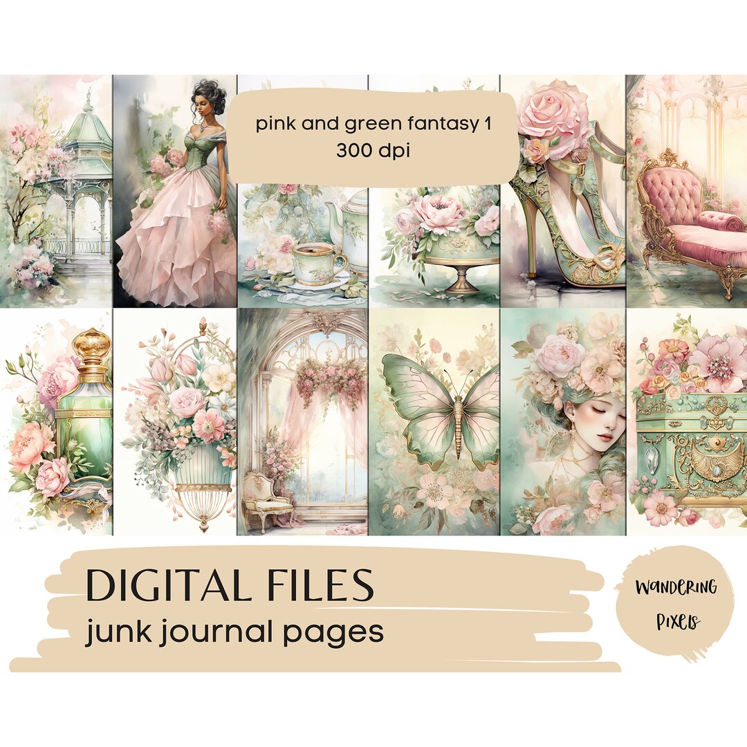 Pink and Green Fantasy Junk Journal Pages: Printable Paper (digital ...