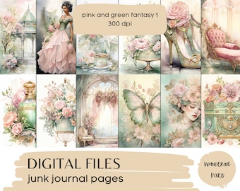 Rosa und Grün Fantasy Junk Journal Seiten: Druckbares Papier (Digitaler Download)