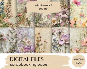 Wildflowers Digital Papers, Floral Junk Journal Pages, Instant Download Commercial Use, 10 files