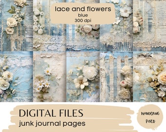 Digital Paper Pack, Vintage French Lace and Shabby Chic Flowers Junk Journal Pages, Instant Download Commercial Use, 10 files