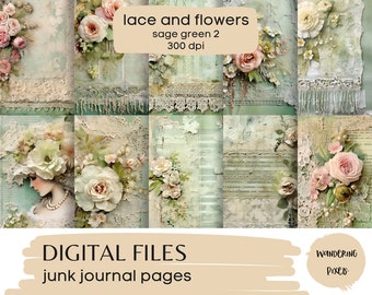 Serene Sage Green Digital Paper Pack, French Lace and Shabby Chic Flowers Junk Journal Pages, Instant Download Commercial Use, 10 files