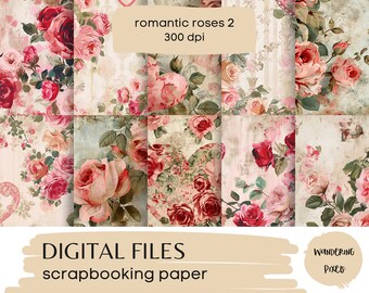 May include: A digital paper pack with 12 different designs featuring vintage-style pink and red roses on a textured background. The text "romantic roses 2 300 dpi" is at the top of the image. The text "DIGITAL FILES scrapbooking paper" is at the bottom of the image.