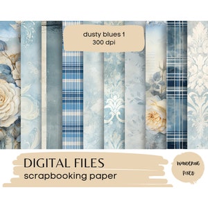 Dusty Blue Digital Paper Pack, Vintage Blue Junk Journal Pages, download instantâneo para uso comercial, 10 arquivos
