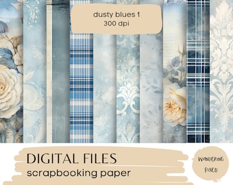 Dusty Blue Digital Paper Pack, Vintage Blue Junk Journal Pages, Instant Download Commercial Use, 10 files