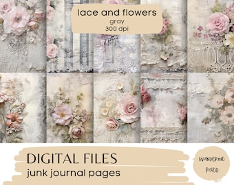 Hellgraue florale Digital Paper Pack, Vintage Spitze und Shabby Chic Blumen Junk Journal Seiten, Instant Download Kommerzielle Nutzung, 10 Dateien