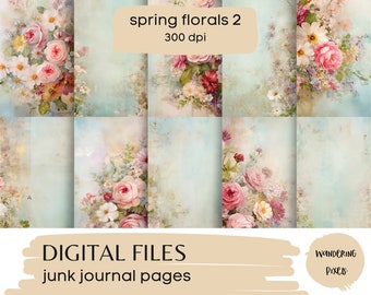 Romantic Spring Florals Digital Paper Pack, Shabby Junk Journal Pages, Instant Download Commercial Use, 10 files