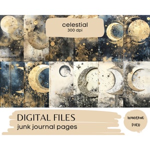 Celestial Digital Paper Pack, Celestial Junk Journal Pages, Instant Download Commercial Use, 12 files