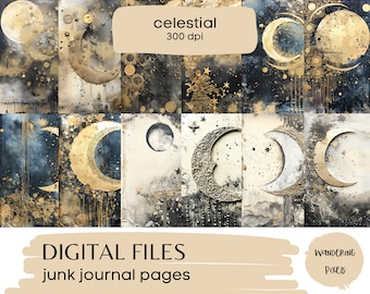 Celestial Digital Paper Pack, Celestial Junk Journal Pages, Instant Download Commercial Use, 12 files