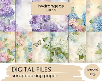 Watercolor Hydrangeas Digital Paper Pack, Junk Journal Pages, Instant Download Commercial Use, 12 files