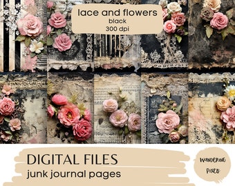 Black Floral Digital Paper Pack, Vintage Lace and Shabby Chic Flowers Junk Journal Pages, Instant Download Commercial Use, 10 files