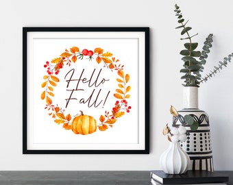 Watercolor Fall Wreath Art Print: Autumn Pumpkin Decor (Digital Download)