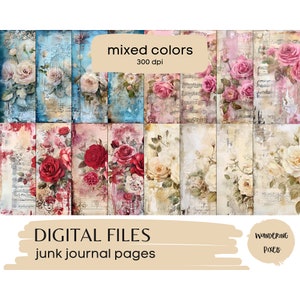 Junk Journal Pages, Shabby Chic Digital Paper Pack, Instant Download Commercial Use, 16 files