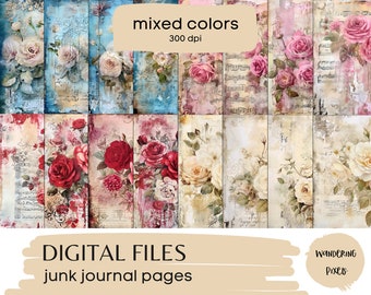 Junk Journal Pages, Shabby Chic Digital Paper Pack, Instant Download Commercial Use, 16 files