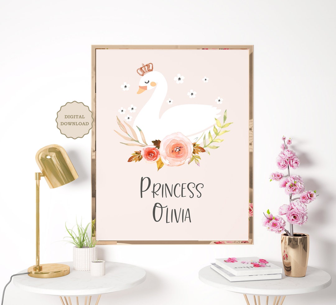 Personalized Swan Princess Nursery Art: Baby Girl Room Decor (digital ...