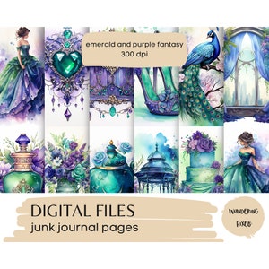 Emerald and Purple Fantasy Junk Journal Pages, Digital Paper Pack, Instant Download Commercial Use, 12 files