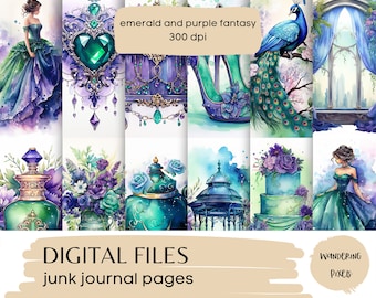 Emerald and Purple Fantasy Junk Journal Pages, Digital Paper Pack, Instant Download Commercial Use, 12 files