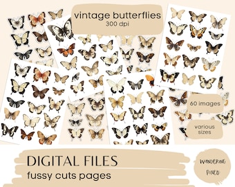 Vintage Butterfly Fussy Cuts Printable Set, Butterfly Clipart, Junk Journal Scrapbooking Supplies, 60 images, 4 Pages