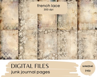 Vintage French Lace Junk Journal Pages, Digital Paper Pack, Instant Download Commercial Use, 10 files