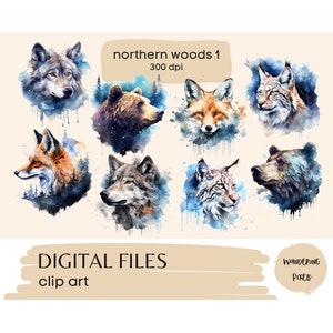 Woodland Animals Clipart Set, Watercolor Animals Clip Art, 12 PNG files, Instant Download Commercial Use
