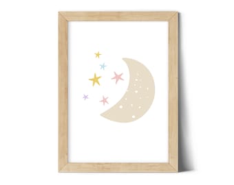 Lámina infantil de luna y estrellas: Decoración bohemia para habitación infantil (descarga digital)