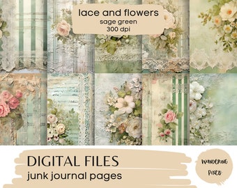 Sage Green Digital Paper Pack, Vintage Lace and Shabby Chic Flowers Junk Journal Pages, Instant Download Commercial Use, 10 files