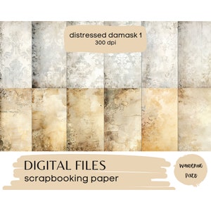 Distressed Damask Digital Paper Pack, Vintage Textured Paper, Junk Journal Pages, Instant Download Commercial Use, 12 files