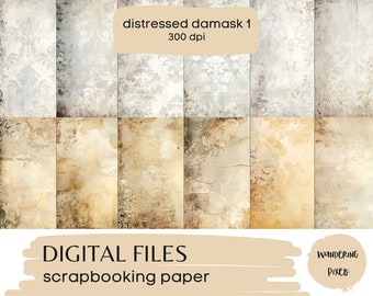 Distressed Damask Paper Pack: Beige & Champagne Vintage Textures (Digital Download)