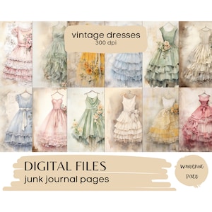 Vintage Dresses Printable Junk Journal Pages, Digital Paper Pack, Instant Download Commercial Use, 12 files