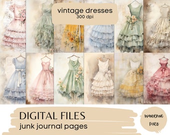 Vintage Kleider Printable Junk Journal Seiten, Digital Paper Pack, Sofort Download Kommerzielle Nutzung, 12 Dateien