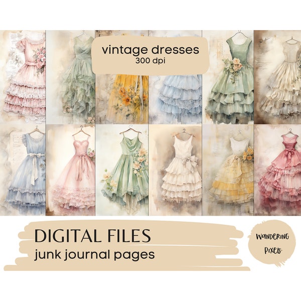 Vintage Dresses Printable Junk Journal Pages, Digital Paper Pack, Instant Download Commercial Use, 12 files