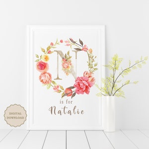 Custom Name Print, Floral Monogram Art Print, Personalized Boho Name Print, Floral Initial Art Print, Custom Letter Print, Inital Wall Decor