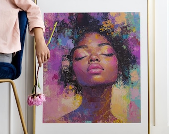 Young Black Woman Portrait, Feminine Decor, Monet Style Wall Art, Digital Art Print