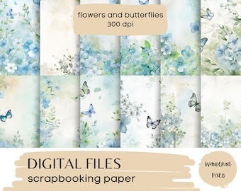 Blue Blooms and Butterflies Digital Paper Pack, Floral Junk Journal Pages, Instant Download Commercial Use, 12 files
