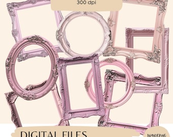 Pink Vintage Frames Clip Art: Ornate Wooden PNG Images (Digital Download)