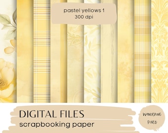 Pastel Yellow Digital Paper Pack, Yellow Junk Journal Pages, Instant Download Commercial Use, 10 files