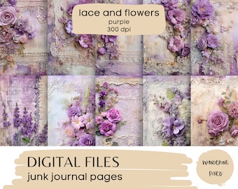 Digital Paper Pack, Vintage French Lace and Shabby Chic Flowers Junk Journal Pages, Instant Download Commercial Use, 10 files