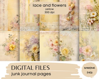 Vintage French Lace und Shabby Chic Blumen Junk Journal Seiten, Digital Paper Pack, Instant Download kommerzielle Nutzung, 10 Dateien