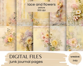 Vintage French Lace and Shabby Chic Flowers Junk Journal Pages, Digital Paper Pack, Instant Download Commercial Use, 10 files