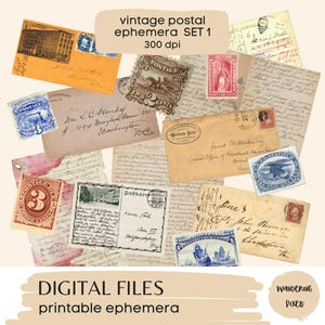Vintage kortstondige post, afdrukbare brieven, enveloppen, kaarten en postzegels, ongewenste tijdschriftafbeeldingen, Instant Download commercieel gebruik