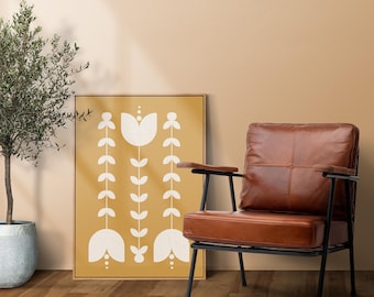 Floral Art Print in Scandinavian Folk Style, Boho Printable, Scandi Style Decor