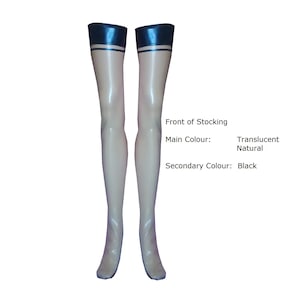 May include: A pair of translucent natural-coloured stockings with black top bands and a thin black horizontal stripe. The text on the image reads: Front of Stocking, Main Colour: Translucent Natural, Secondary Colour: Black.