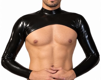 May include: A black latex bolero featuring long sleeves and a high mock neck collar. The garment covers the shoulders, upper chest, and arms, leaving the midriff and lower chest exposed. The material has a smooth, glossy, and reflective finish.