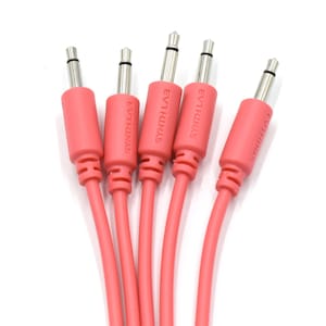 Puede incluir: Cinco cables de parche de guitarra rosa con conectores plateados. Cada cable tiene el texto "EV1 TRINAS" impreso en él.