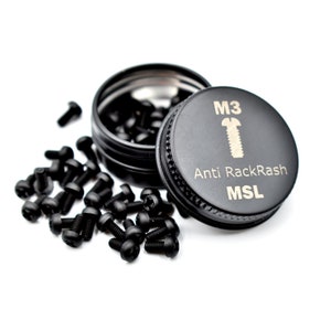 May include: A black metal container with a lid that says "M3 Anti RackRash MSL" and a black screw icon. The container is filled with black screws and some are scattered on a white surface.