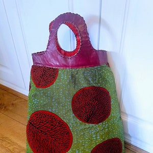 Large African Print tote bag with leather handle
