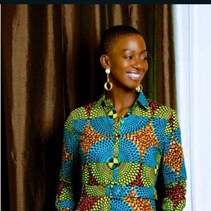 Kataali African print classic shirt dress in a geometric pattern.