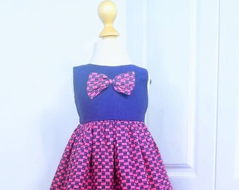 African print girl's belted bow dress