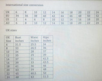 Etsy Size Chart